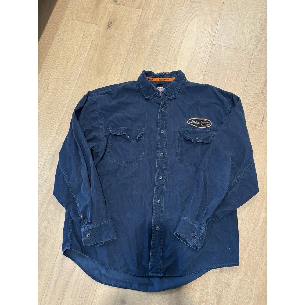 Harley Davidson Button Up Shirt Large Pocket Long Sleeve Blue Corduroy Mens